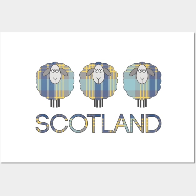 Trio of Scottish Blue and Yellow Tartan Patterned Sheep Wall Art by MacPean